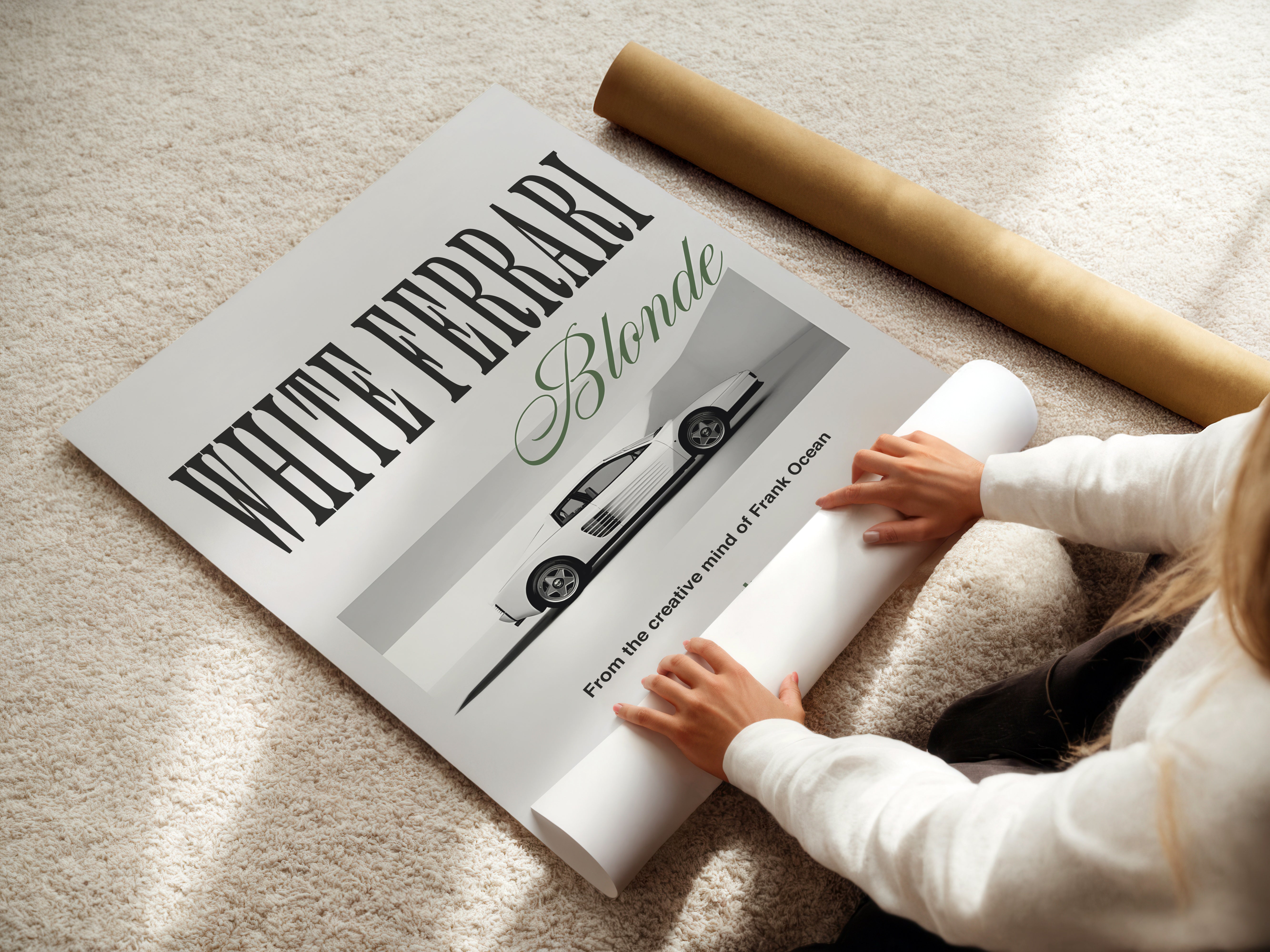 White Ferrari Poster – Minimalist Blonde-Inspired Design
