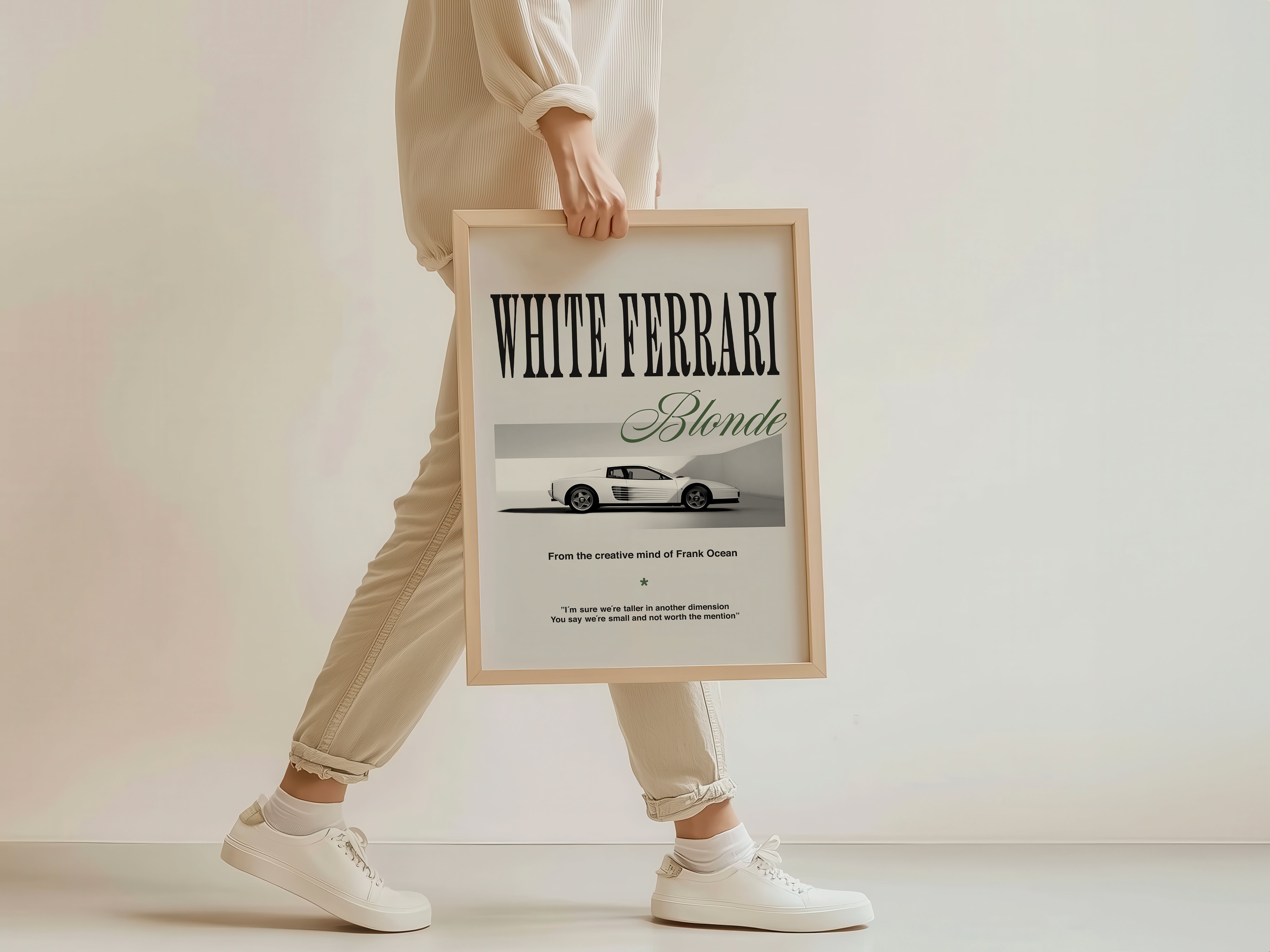 White Ferrari Poster – Minimalist Blonde-Inspired Design