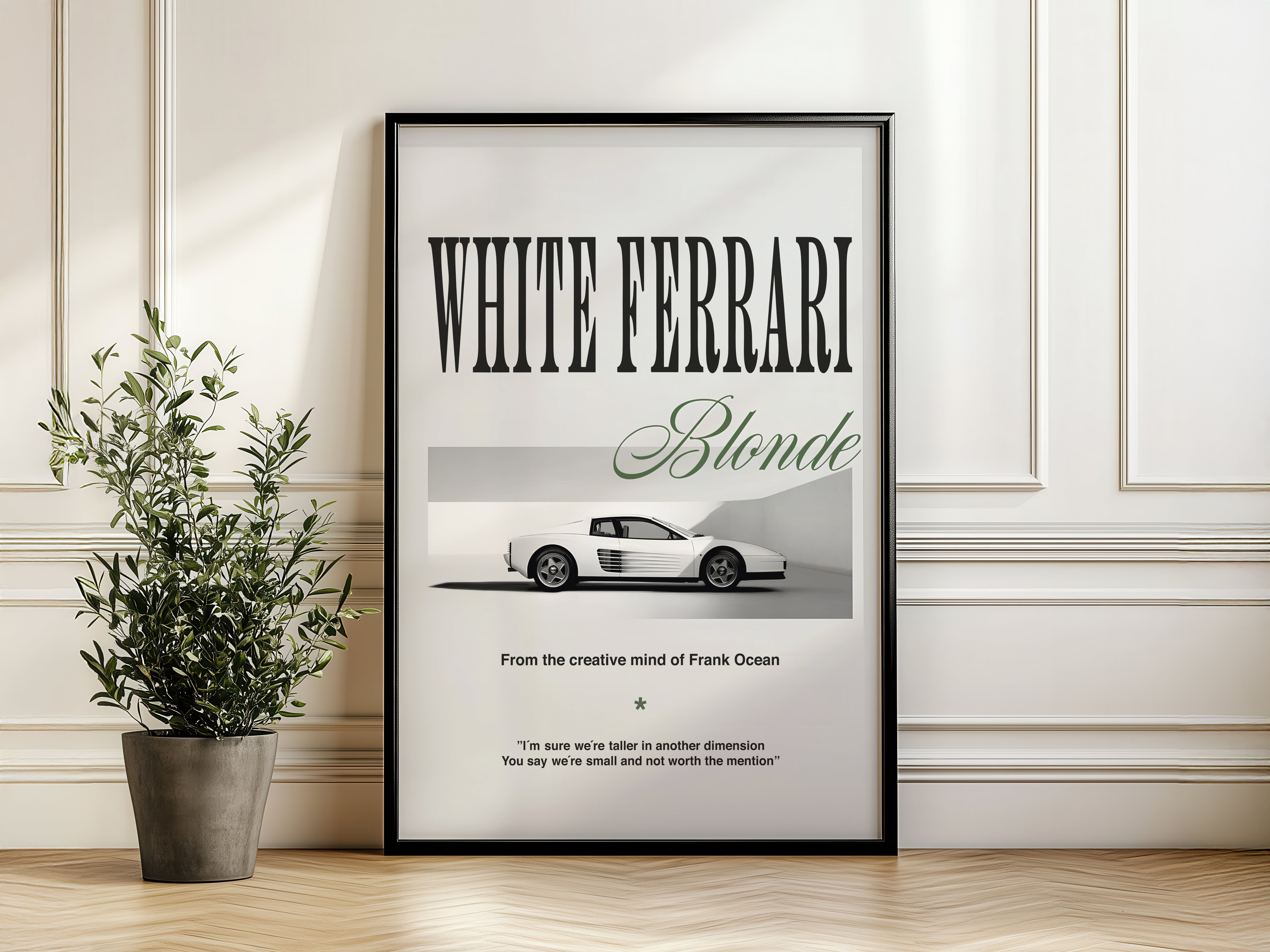 White Ferrari Poster – Minimalist Blonde-Inspired Design