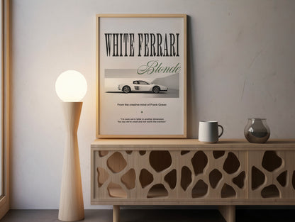 White Ferrari Poster – Minimalist Blonde-Inspired Design