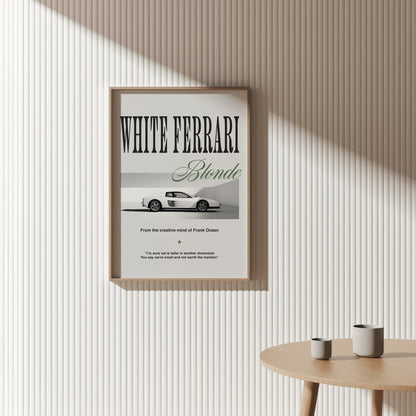 White Ferrari Poster – Minimalist Blonde-Inspired Design
